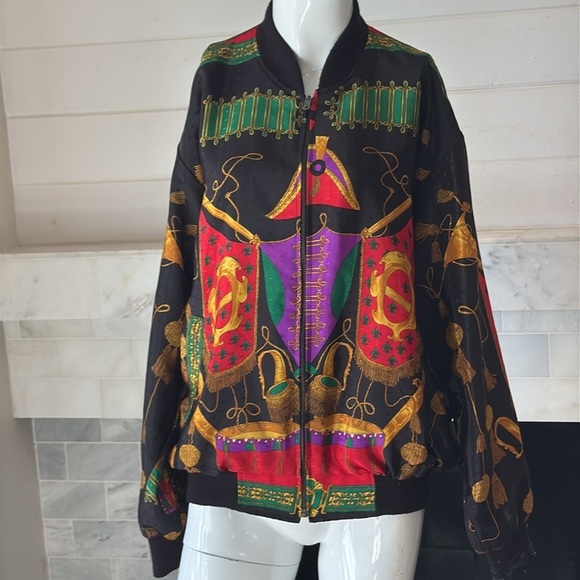 Vintage Satin Baroque Marching Band Print  Black Multi Bomber Jacket Size Large - Picture 14 of 15